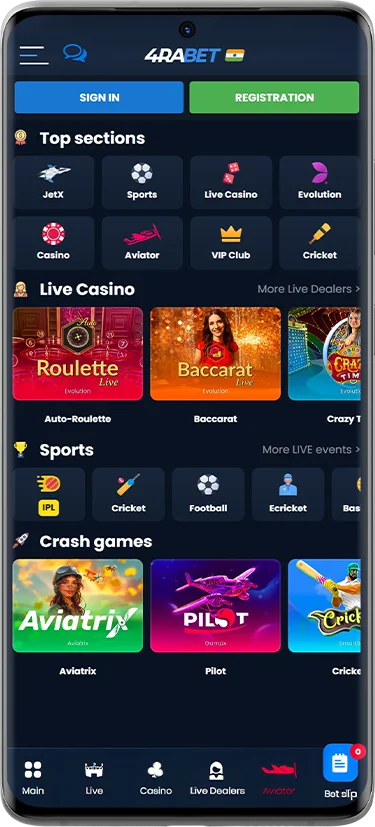 Screen of the casino section of 4rabet app
